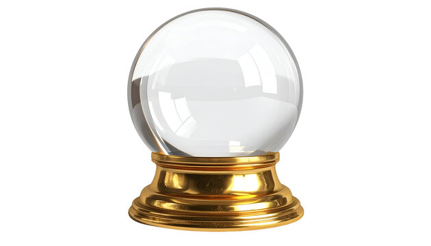 A clear, glass orb atop a golden stand, likely for divination against a black background