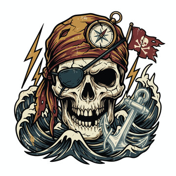 A weathered pirate skull with an eyepatch and bandana wears a compass, surrounded by stormy waves, lightning, a Jolly Roger flag, and an anchor, conveying a rugged, adventurous theme