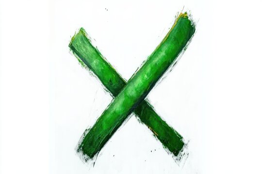 two bold textured green brushstrokes forming an X on a white background, energetic and raw painted mark