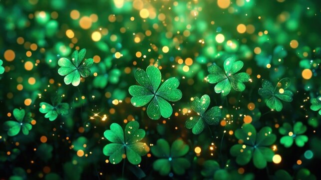 Floating green clovers and four-leaf shamrocks amid golden bokeh lights and sparkling magic, creating an enchanted peaceful scene