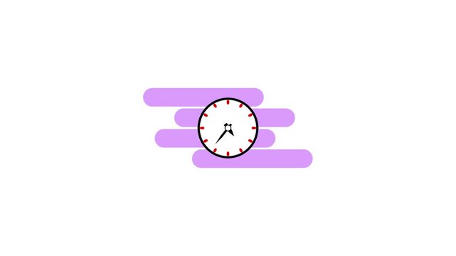 Stylized clock design with purple background represents time concepts and duratio. Clock animation. Minimalist geometric design with rotating hands and progress indicators for time management.