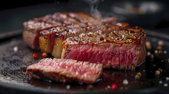 Wagyu beef steak sliced with juicy texture shine with glistening beef marbling, premium beef texture close up.