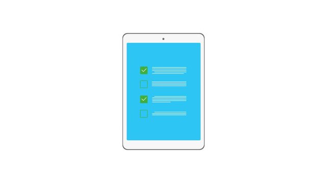 Tablet checklist interface with completed tasks, representing task management and workflow organization. 2D motion graphics in 4K resolution with alpha channel.