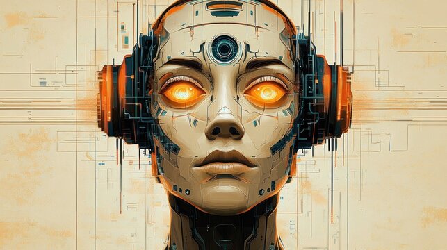 Futuristic humanoid robot bust with large circular ear modules, exposed circuitry and cables on a textured geometric background, face obscured by a blurred square, evoking enigmatic isolation