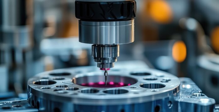 close-up of a precision probe measuring a circular machined metal component with multiple holes and a red contact light, conveying meticulous industrial accuracy