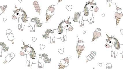 Obraz premium Whimsical seamless pattern displays cute unicorns, ice cream cones, hearts, and colorful popsicles for kids.