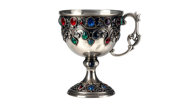 Ornate silver chalice with colorful jewels, scrolled handle, on a white background