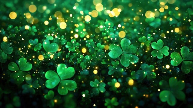 Enchanted field of glowing green clover leaves with golden sparkling bokeh lights creating a magical, serene atmosphere of luck and wonder