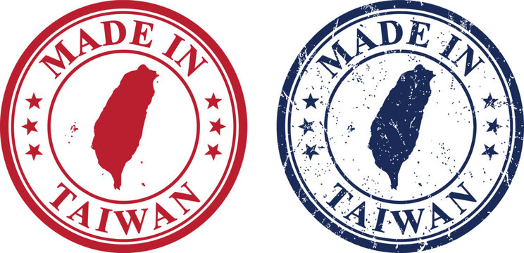 Two grunge-style circular stamps, one red and one blue, both featuring the text 'MADE IN TAIWAN' and a map silhouette of Taiwan with three stars on each side, on a white background.