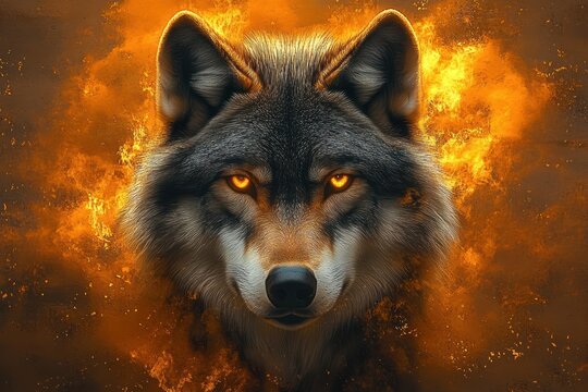 Majestic wolf head with glowing orange eyes surrounded by fiery flames, intense and fierce gaze