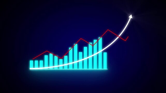 Finance stock market animation with glowing neon arrow and rising bar graph showing growth and success. Animated financial data chart showing increasing trends and market growth concepts.