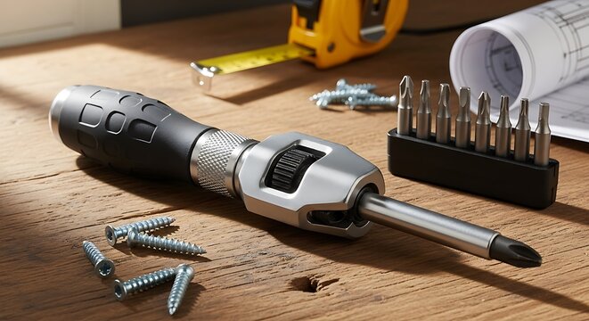 Ratchet Screwdriver and Tools on Wooden Surface - Precision and Efficiency.