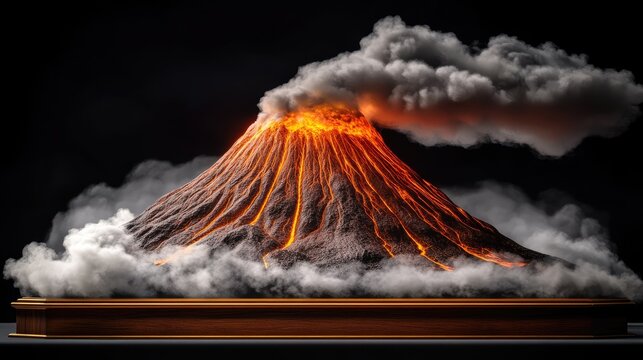 Erupting volcano model, dark background, disaster concept, educational use