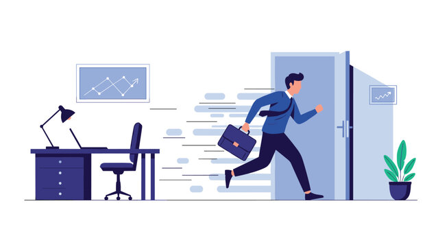 Motivated businessman running out of his office door with a briefcase representing the end of a long workday or professional success.