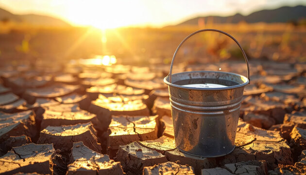 Drought cracked soil metal bucket sunset dry landscape