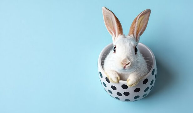 white baby rabbit peeking out of a white ceramic polka dot bowl on a soft blue background with a curious innocent expression