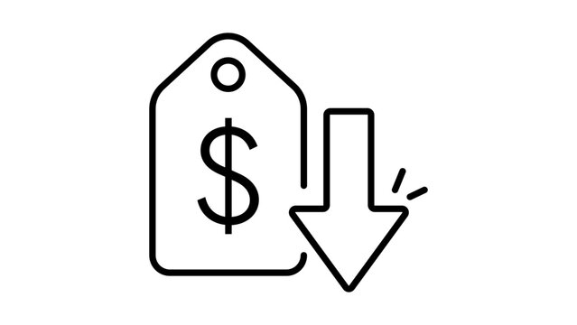 Price Drop and Discount Editable Stroke Vector Icon. A minimalist black line illustration on a white background representing a downward arrow next to a dollar sign price tag for commerce.