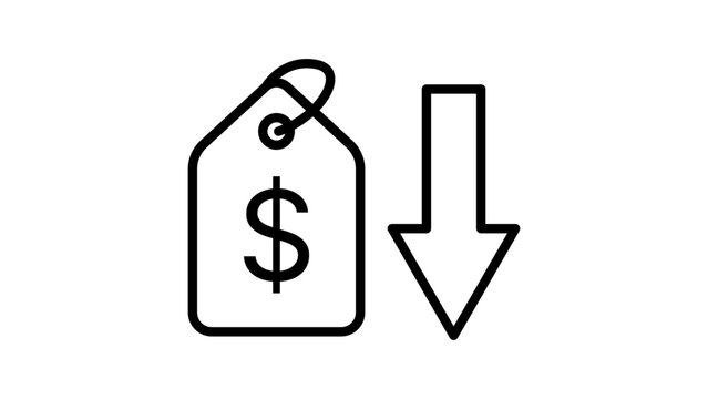 Price Drop and Discount Editable Stroke Vector Icon. Minimalist black line illustration featuring a price tag with a dollar sign and a downward arrow, representing cost reduction and sales.