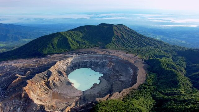 Volcano Paos Lake Scene. Scenic Overview Of Volcanic Caldera With Colorful Mineral Deposits And Mist