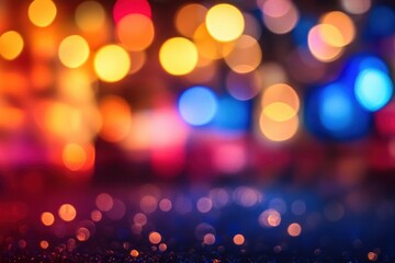 Obraz premium colorful blurred bokeh lights and small sparkling reflections on a dark surface, dreamy festive mood