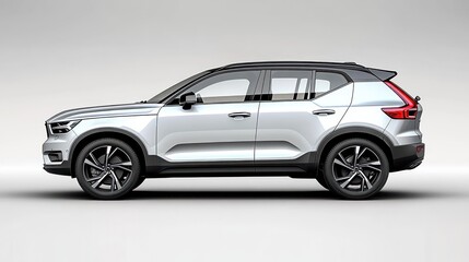 Fototapeta premium silver compact SUV side profile on neutral studio background, two-tone black roof, alloy wheels and LED lights conveying a sleek, sporty and confident modern automotive design
