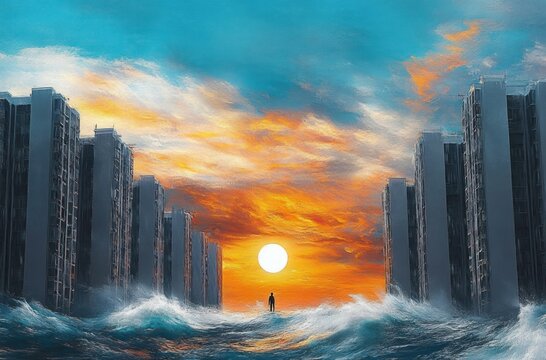 Lone silhouette standing on towering waves between rows of dark skyscrapers as a blazing sun sets beneath a dramatic orange and teal sky, evoking awe and isolation