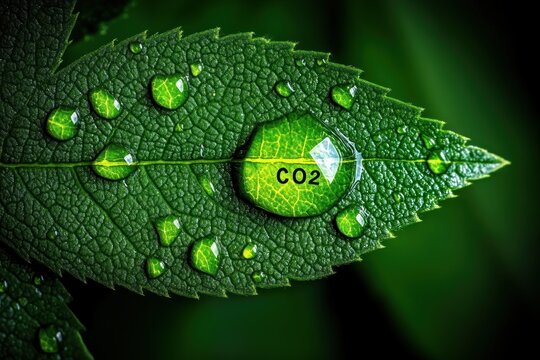 close-up of a serrated green leaf with glistening water droplets and a magnified droplet showing co2, vivid texture and an urgent environmental concern
