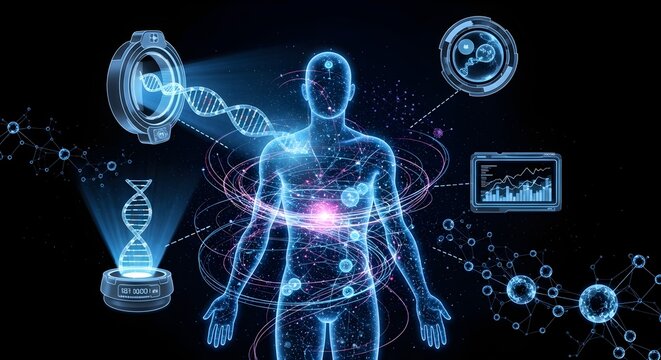 Futuristic human body analysis with advanced medical technology and genetic data visualization, representing health, science, and the future of biotechnology.