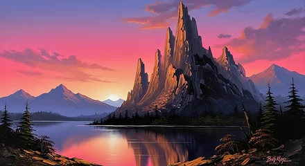 Fototapete Reflection A majestic pixelated castle rises dramatically against a vibrant sunset backdrop reflected in the calm waters below evoking a sense of fantasy and wonder  © MstNasima