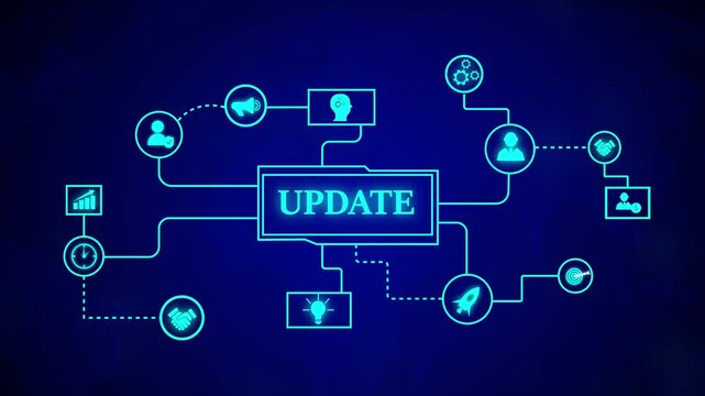 Abstract digital design with the word update and futuristic connection. Update animation with digital futuristic blue neon glow and abstract network connection visualization.