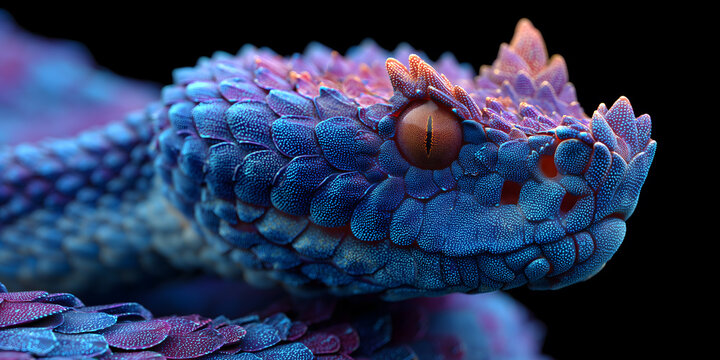 Close-up of a horned viper composed of blue shimmering particles