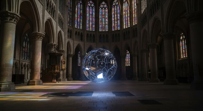 Futuristic glowing sphere inside a gothic cathedral with stained glass windows.