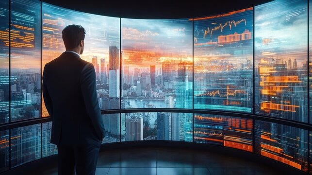 businessman in suit watching curved panoramic digital screens displaying city skyline and glowing financial charts at sunset, contemplative and focused