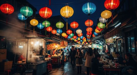 Obraz premium Vibrant night market with colorful lanterns and street food stalls.