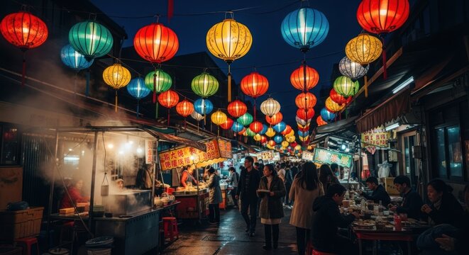 Vibrant night market with colorful lanterns and street food stalls.