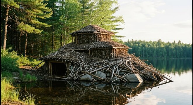 A large beaver lodge constructed from sticks and mud sits on the edge of a calm lake.