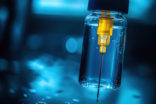 close-up of inverted glass medical vial with yellow needle hub and sharp hypodermic needle dripping liquid in cool blue clinical lighting, sterile tense mood
