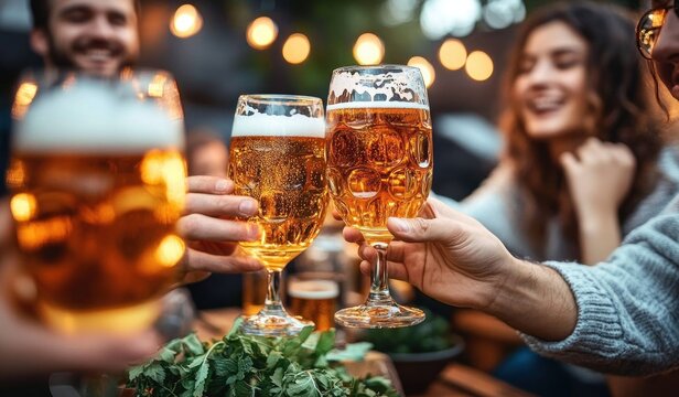 Friends clinking amber beer glasses with foam at an outdoor table under warm string lights, joyful convivial celebration