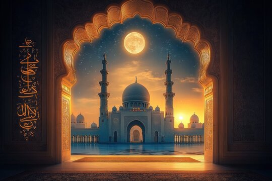 Ornate scalloped arch framing a grand mosque with domes and tall minarets above a reflecting pool at sunset beneath a full moon and starry sky, serene and majestic atmosphere