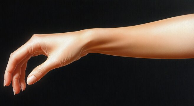 Outstretched forearm and hand with relaxed curved fingers and visible wrist against a black background, evoking calm elegance and grace