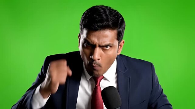 Angry News Anchor Speaking Into Microphone on Green Screen Background.
