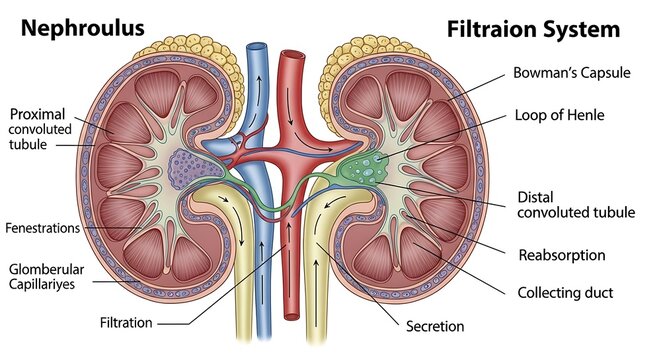 Anatomical illustration of a kidney showing the nephron's filtration and reabsorption process