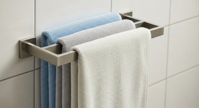 Clean bathroom towels hanging on a modern brushed nickel rack.
