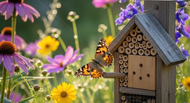 A butterfly rests on a bee house in a flower garden.