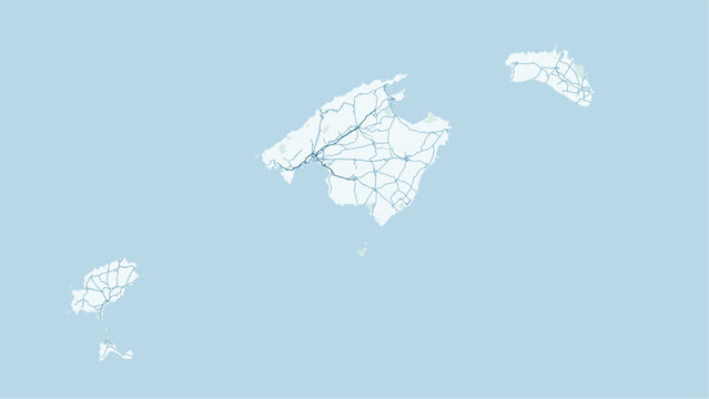 Modern minimalist vector map of Mallorca, Menorca, and Ibiza. High-quality SVG illustration of the Balearic Islands coastline and geographic layout for travel posters and design