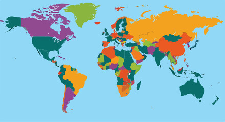Fototapeta premium A colorful world map with countries in various bright hues