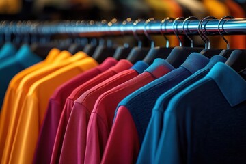 Naklejka premium Row of colorful polo shirts on hangers along a shiny metal rack, neatly arranged in warm reds, yellows and cool blues for a bright, inviting retail display