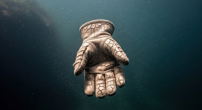 A lost glove drifts in the deep sea.