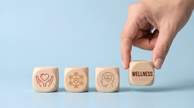 Arranging wooden blocks with wellness concept and holistic healthcare symbols
