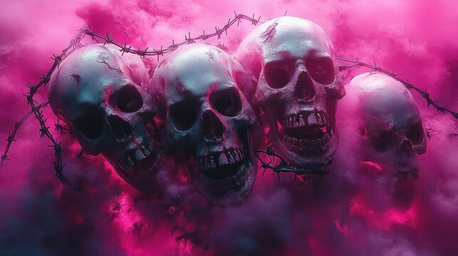 Four weathered human skulls entwined in barbed wire, floating in swirling magenta smoke with an eerie, haunting and ominous atmosphere